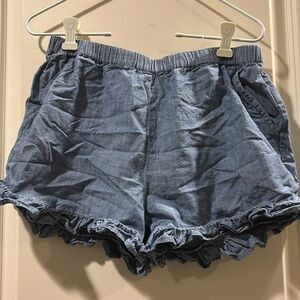 Like New!Crewcut Chambray elastic waist denim Ruffle Shorts pockets girl Size 16